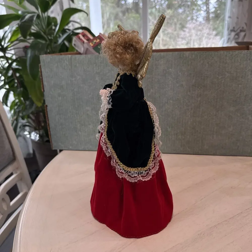 Angel Porcelain Face Hand Table Treetoper 12.5” Christmas Red Green Crush Velvet